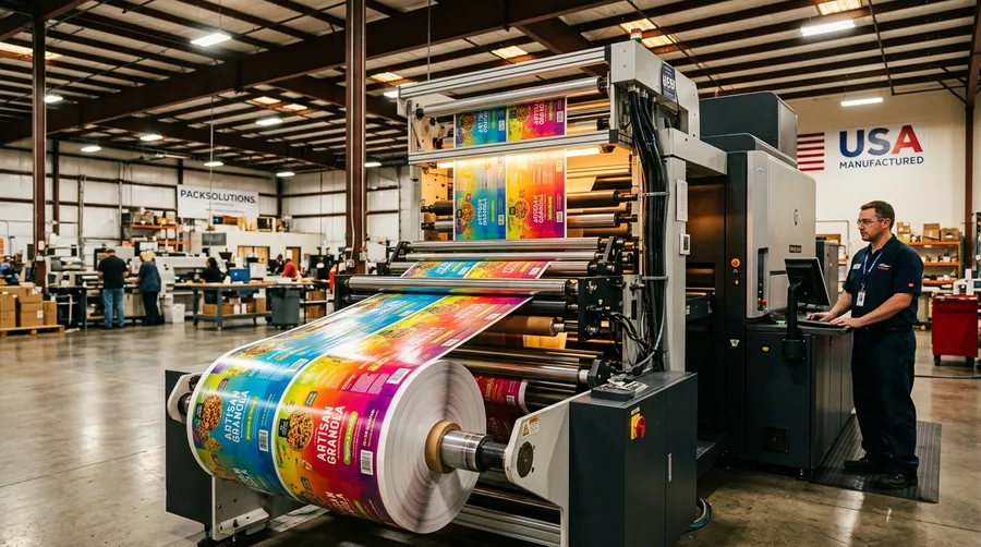 Printing press running a roll of pouch film