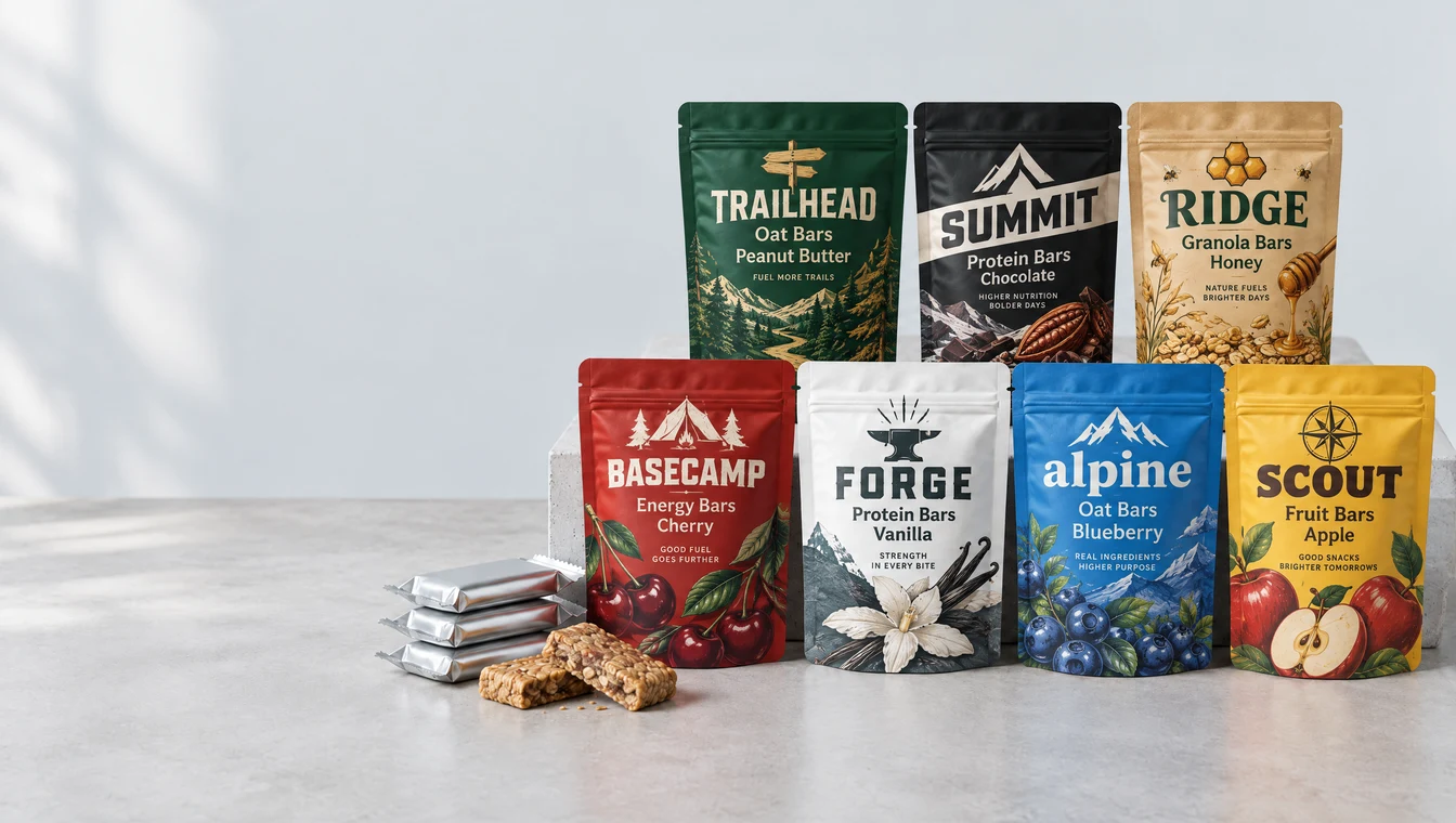 Custom printed snack bar pouches on a concrete counter beside a stack of wrapped bars