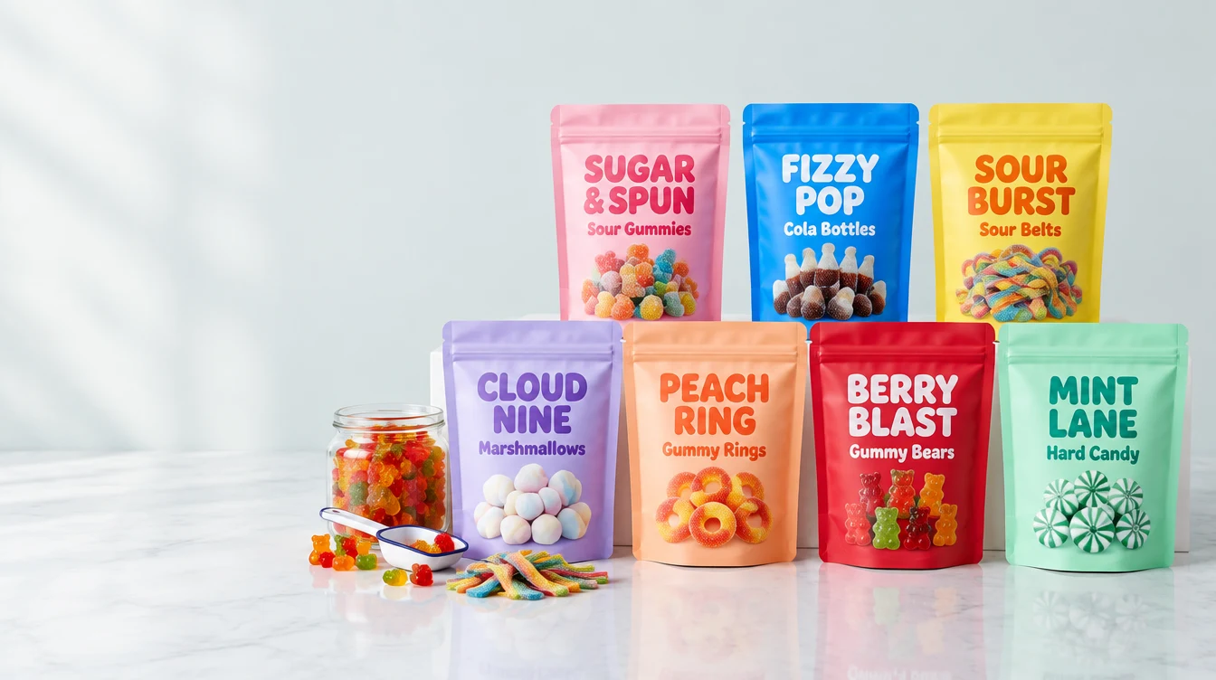 Custom printed candy pouches on a kitchen table beside a jar of gummy bears