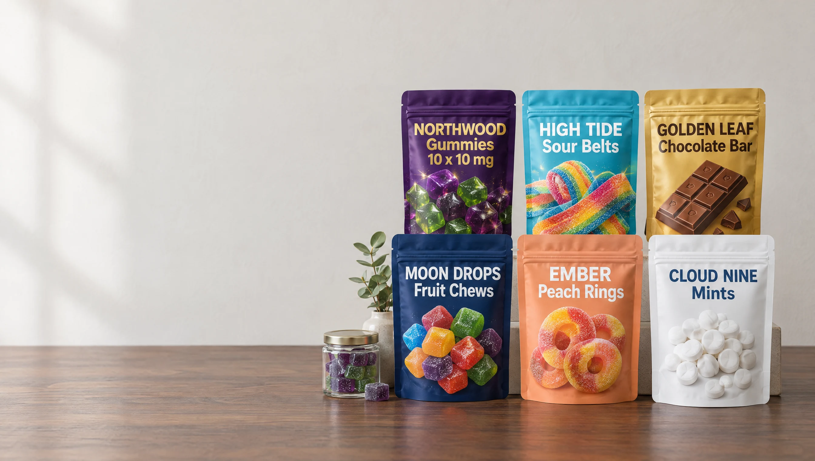Custom printed cannabis edible pouches on a walnut dispensary counter beside a jar of gummies