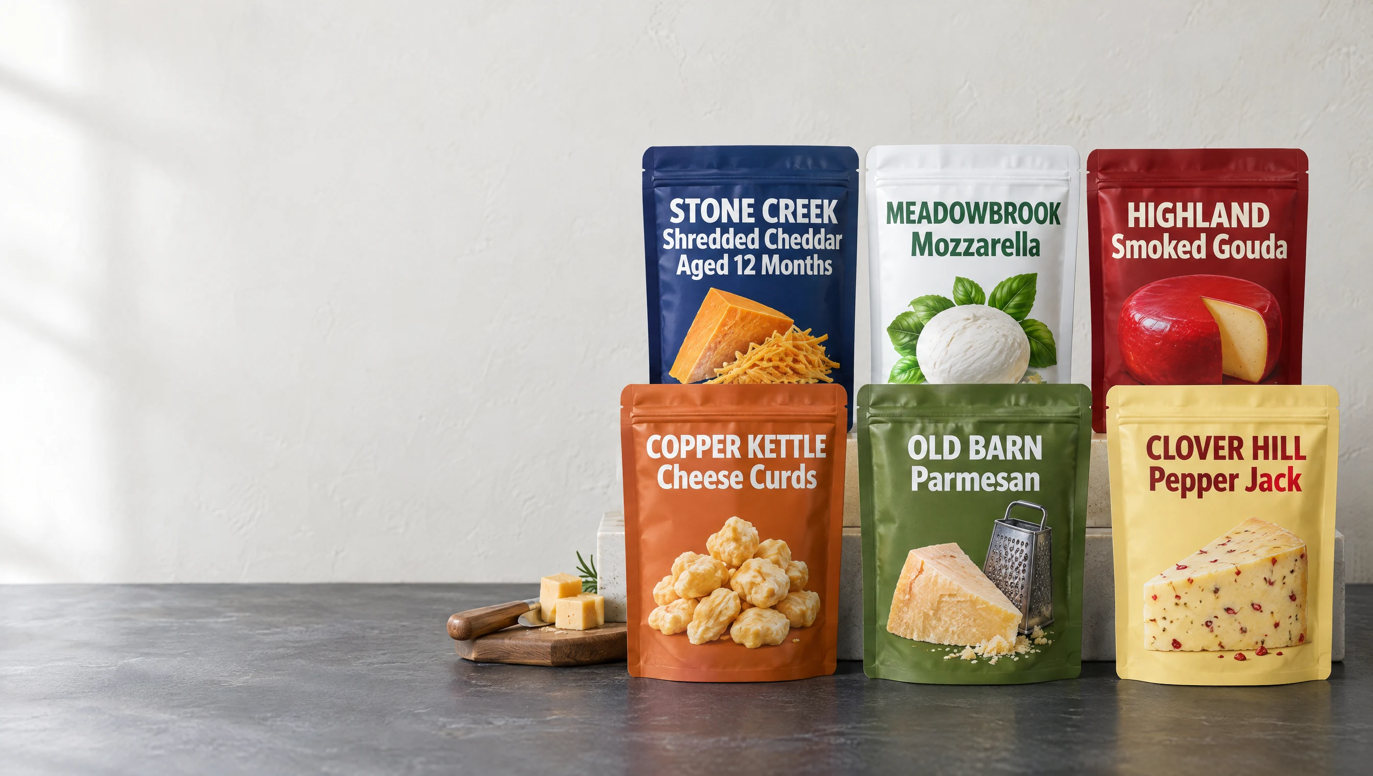Custom printed cheese pouches on a slate creamery counter beside a cheese board