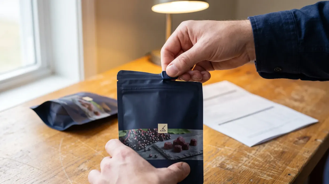 Hand pinching the child-resistant slider on a navy pouch