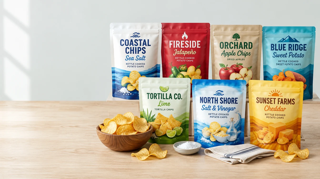 Custom printed chip and snack pouches on a kitchen table beside a bowl of kettle chips