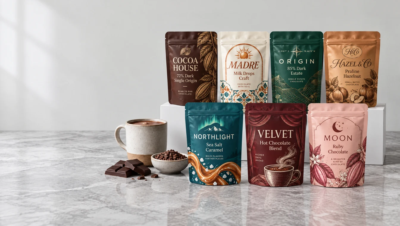 Custom printed craft chocolate pouches on a kitchen table beside a snapped bar and a mug of cocoa