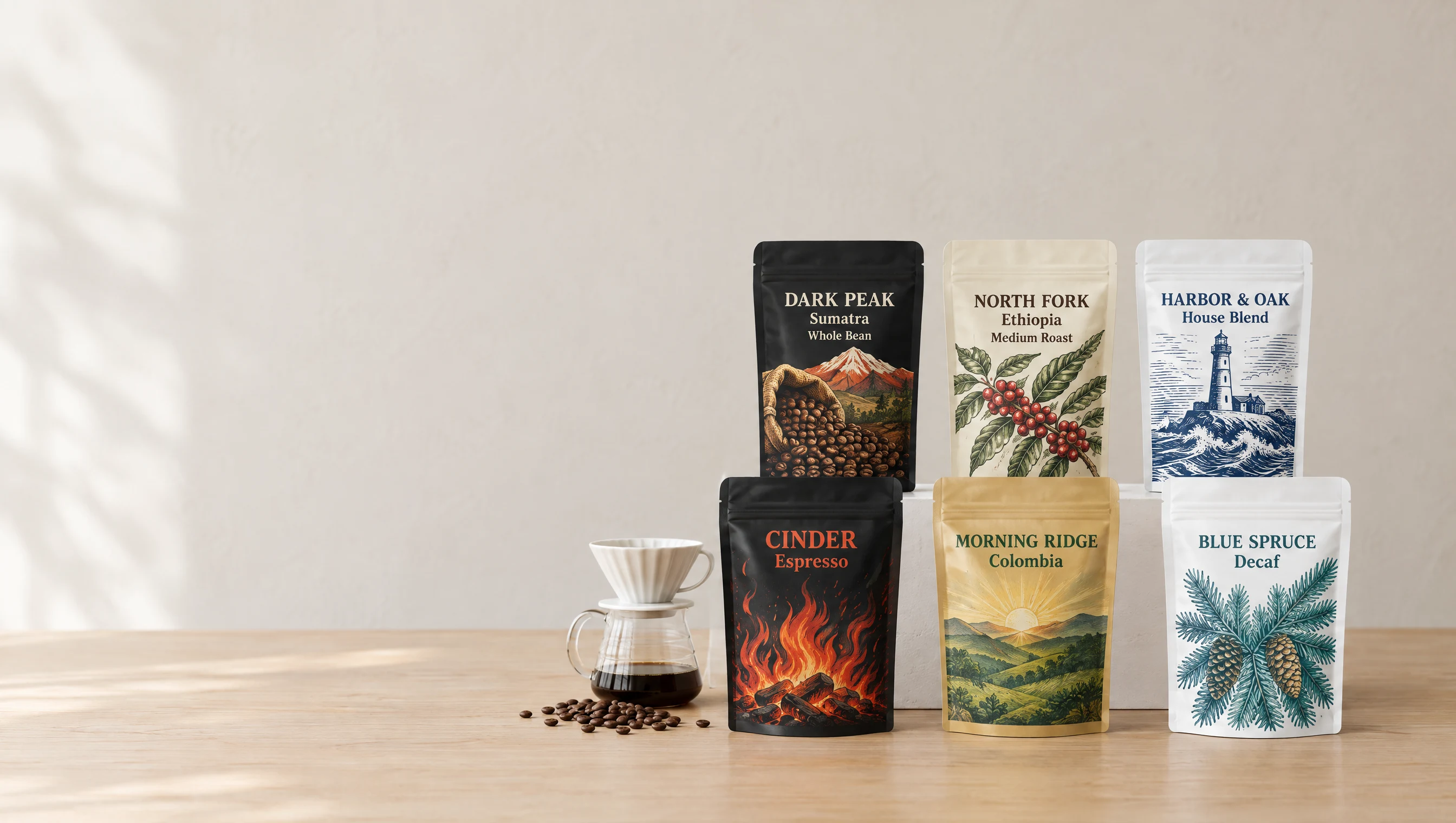 Custom printed coffee pouches on a roastery counter beside a pile of roasted beans and a pour-over