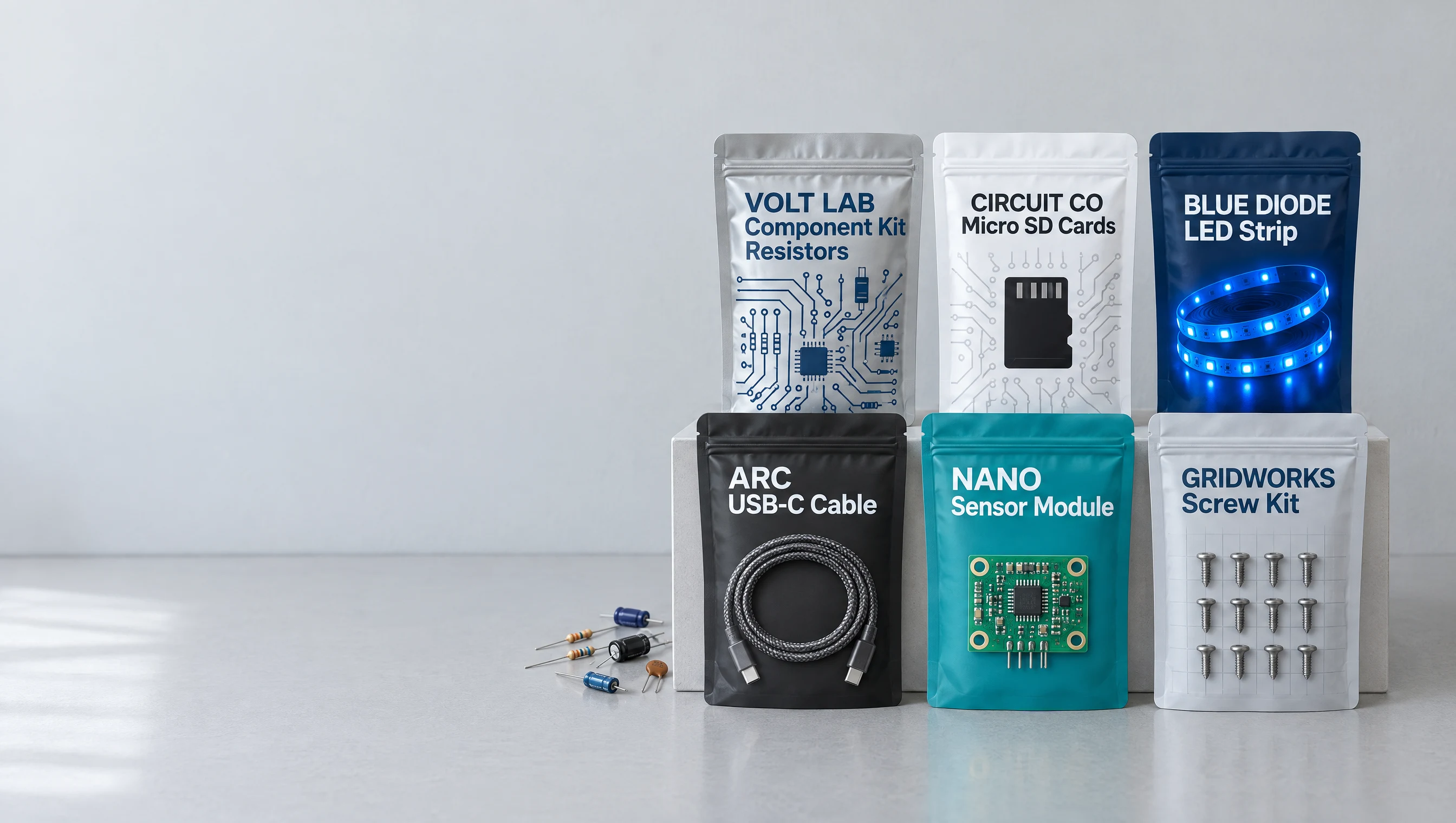Custom printed component pouches on an electronics workbench beside a soldering stand