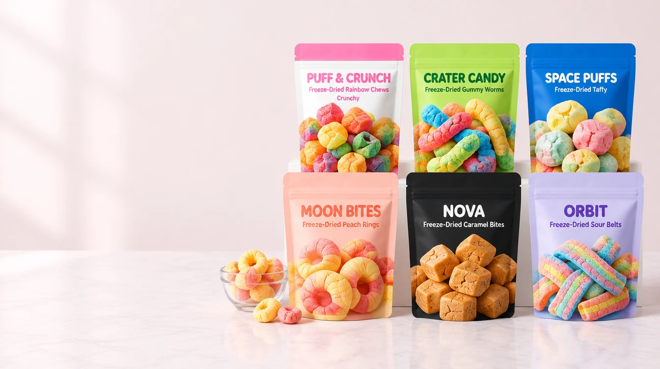 Custom printed freeze-dried candy pouches on a candy-shop counter beside a bowl of puffed candy