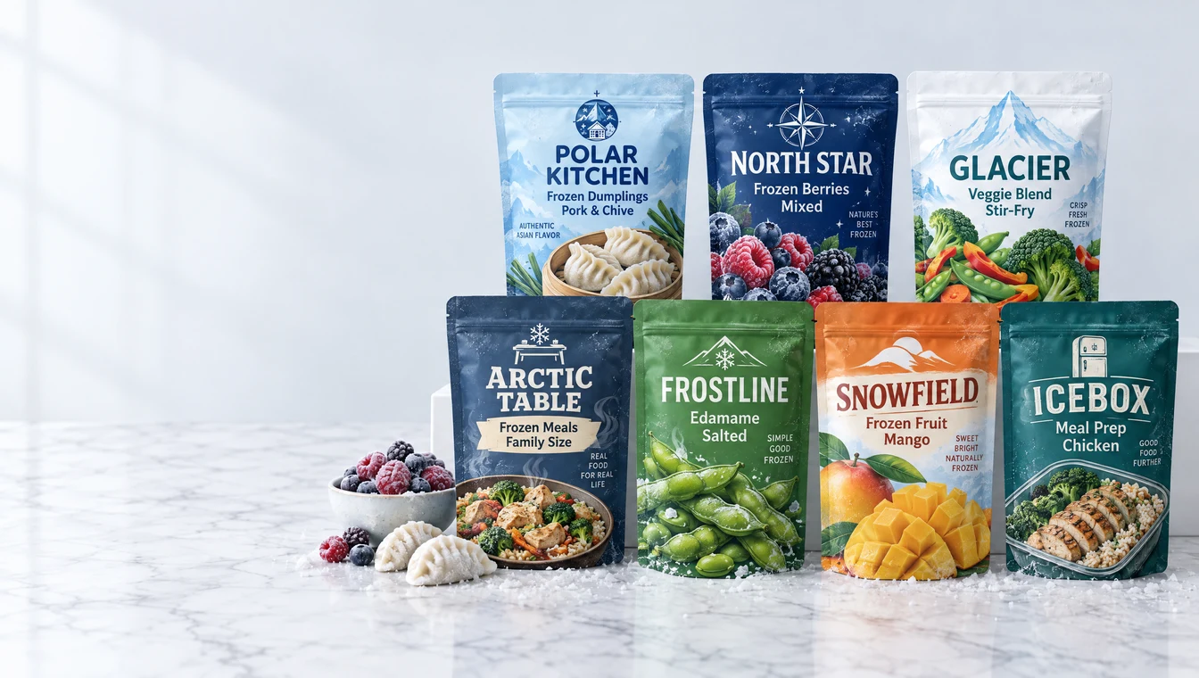 Custom printed frozen food pouches on a frosted marble counter beside a bowl of frozen berries