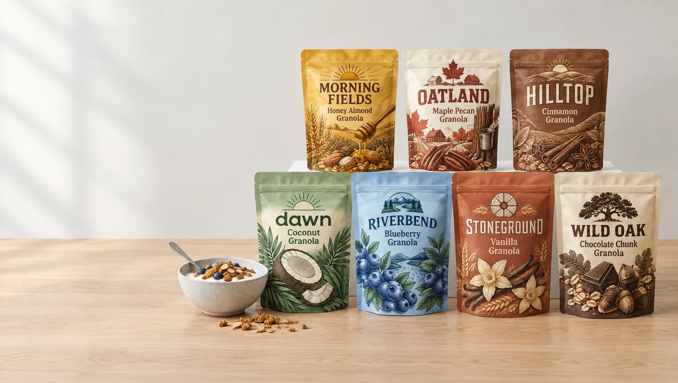 Custom printed granola pouches on a kitchen table beside a bowl of granola and yogurt