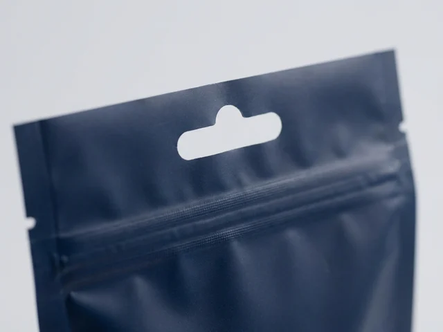 A keyhole-shaped slot punched through the sealed header of a pouch