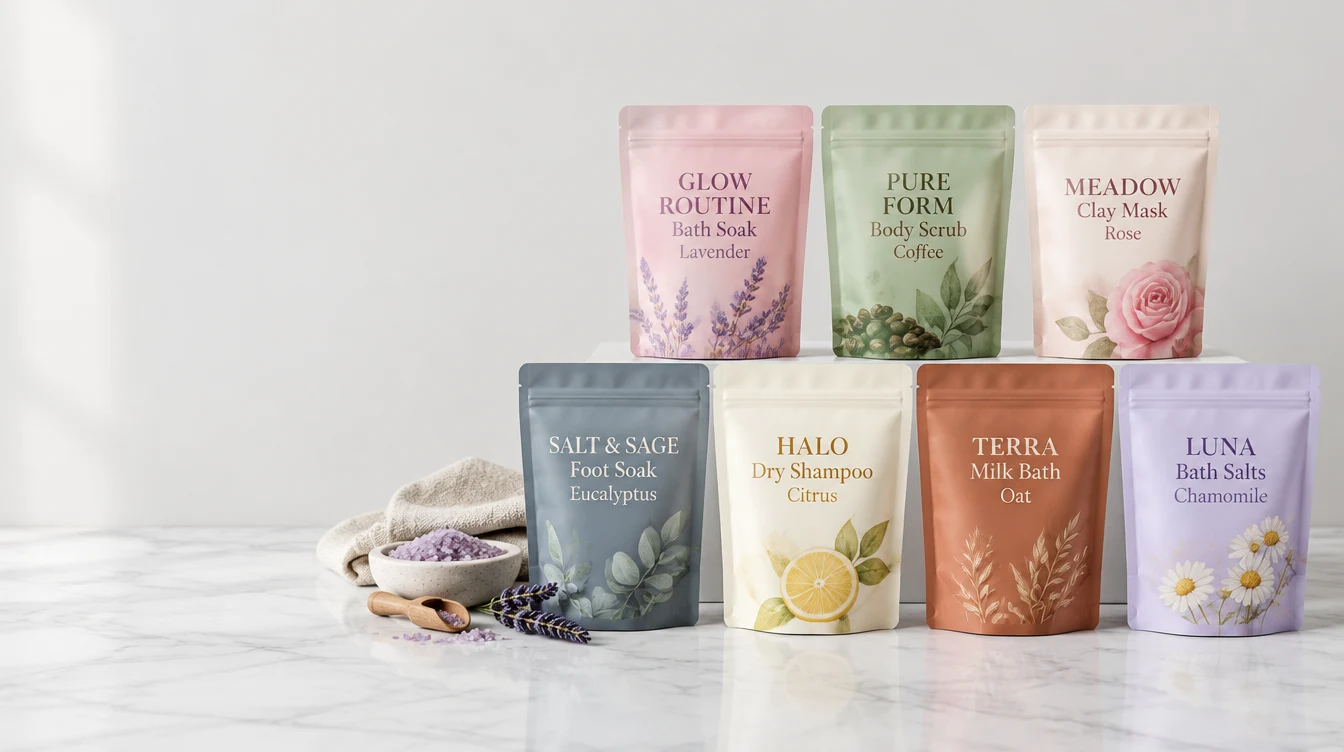 Custom printed bath and body pouches on a marble counter beside a dish of bath salts and lavender