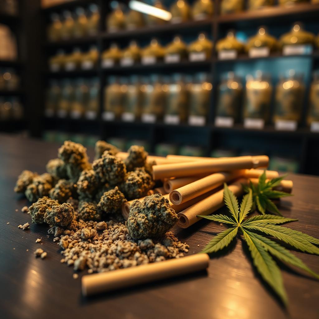Cannabis packaging on a dispensary shelf