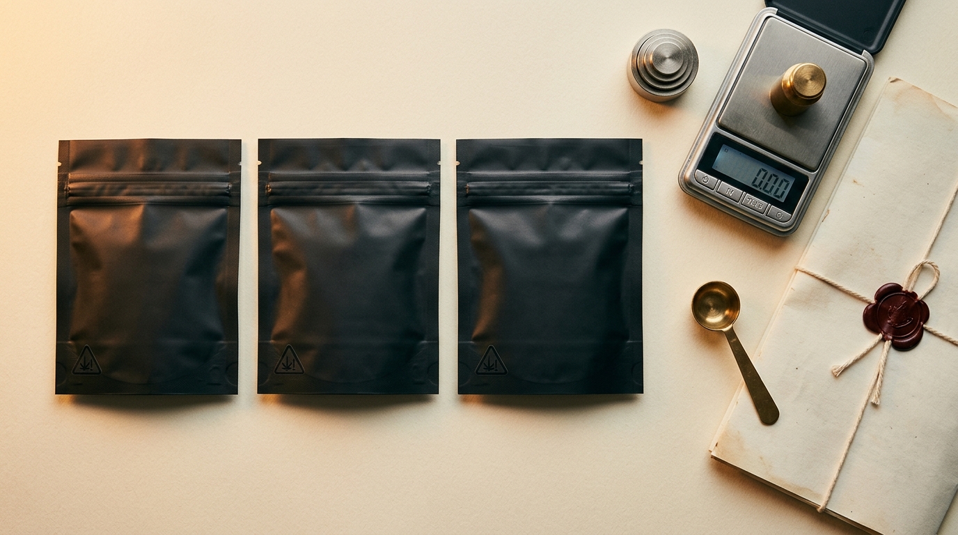 Three black opaque mylar cannabis eighth bags arranged with a precision digital scale, calibration weights, brass dosing scoop, and a wax-sealed compliance document