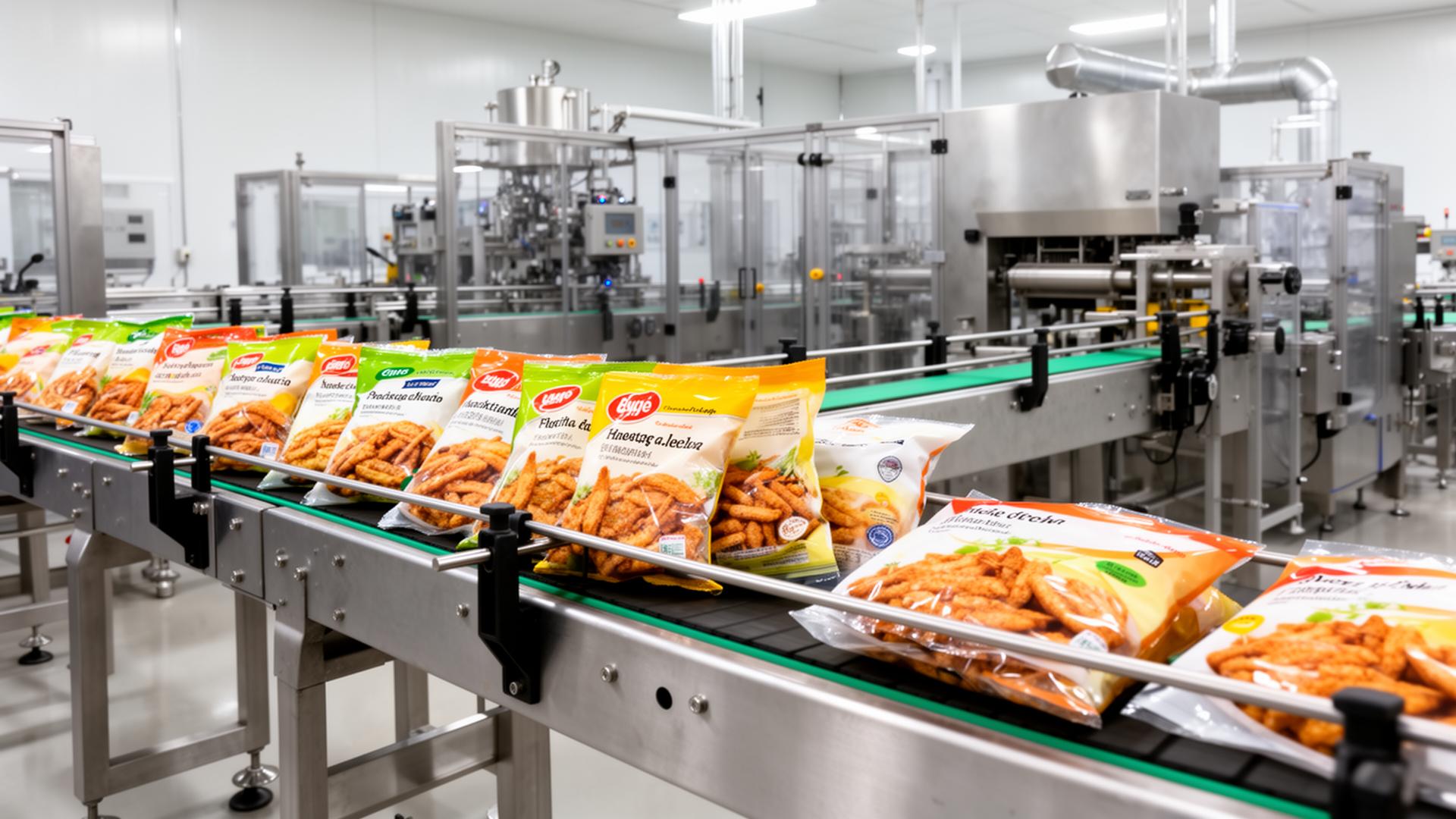 Custom food packaging bags and pouches on a production line in Michigan
