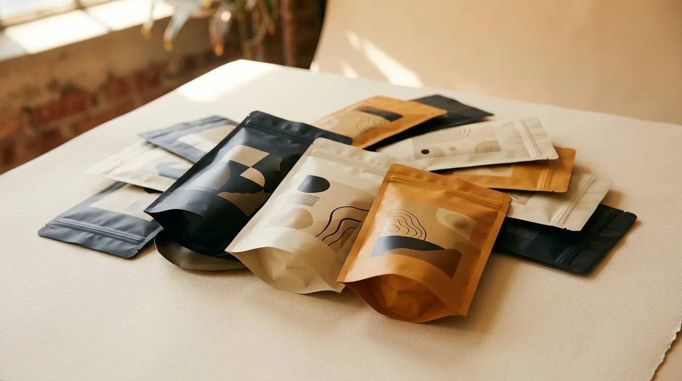 A wall of custom-printed BrandMyBags Mylar pouches