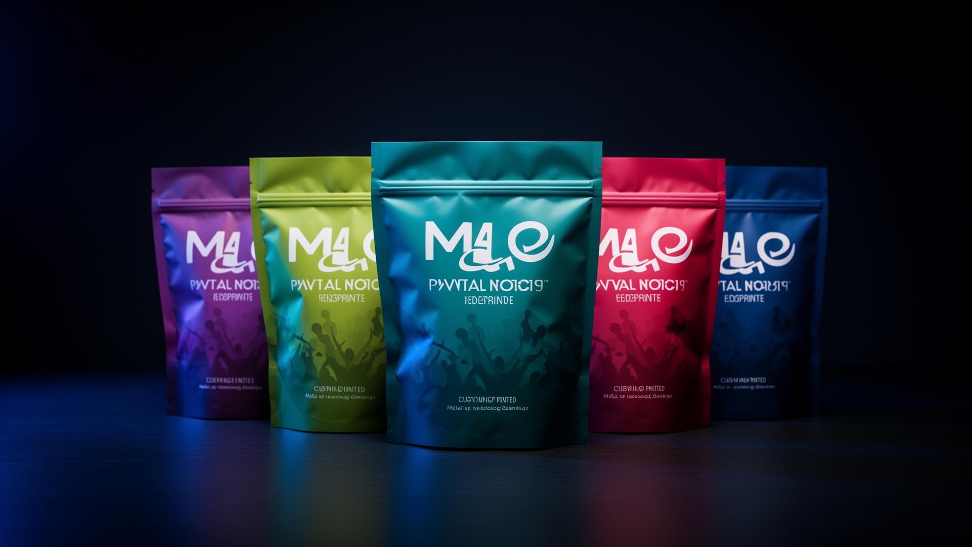 Custom-printed stand-up pouches lined up on a manufacturing bench in Oak Park, Michigan