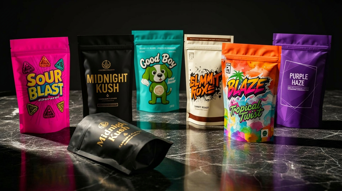 Custom printed mylar bags in matte and gloss finishes lined up in Oak Park, Michigan