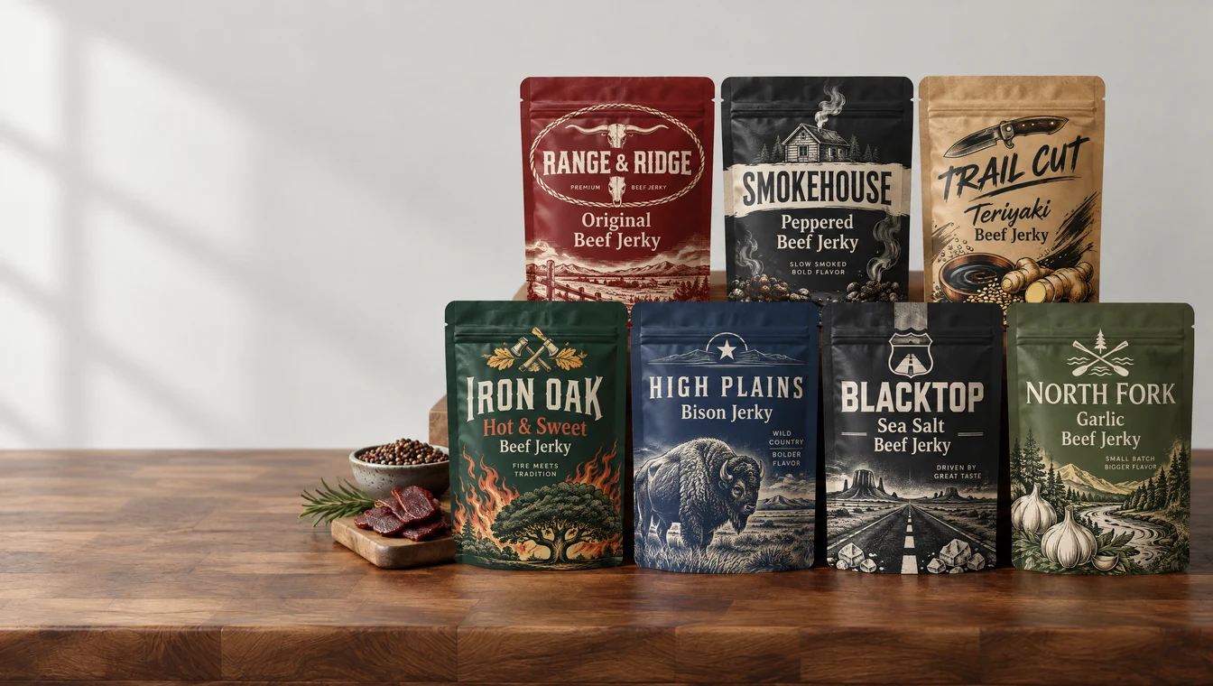 Custom printed beef jerky pouches on a kitchen table beside a board of sliced jerky