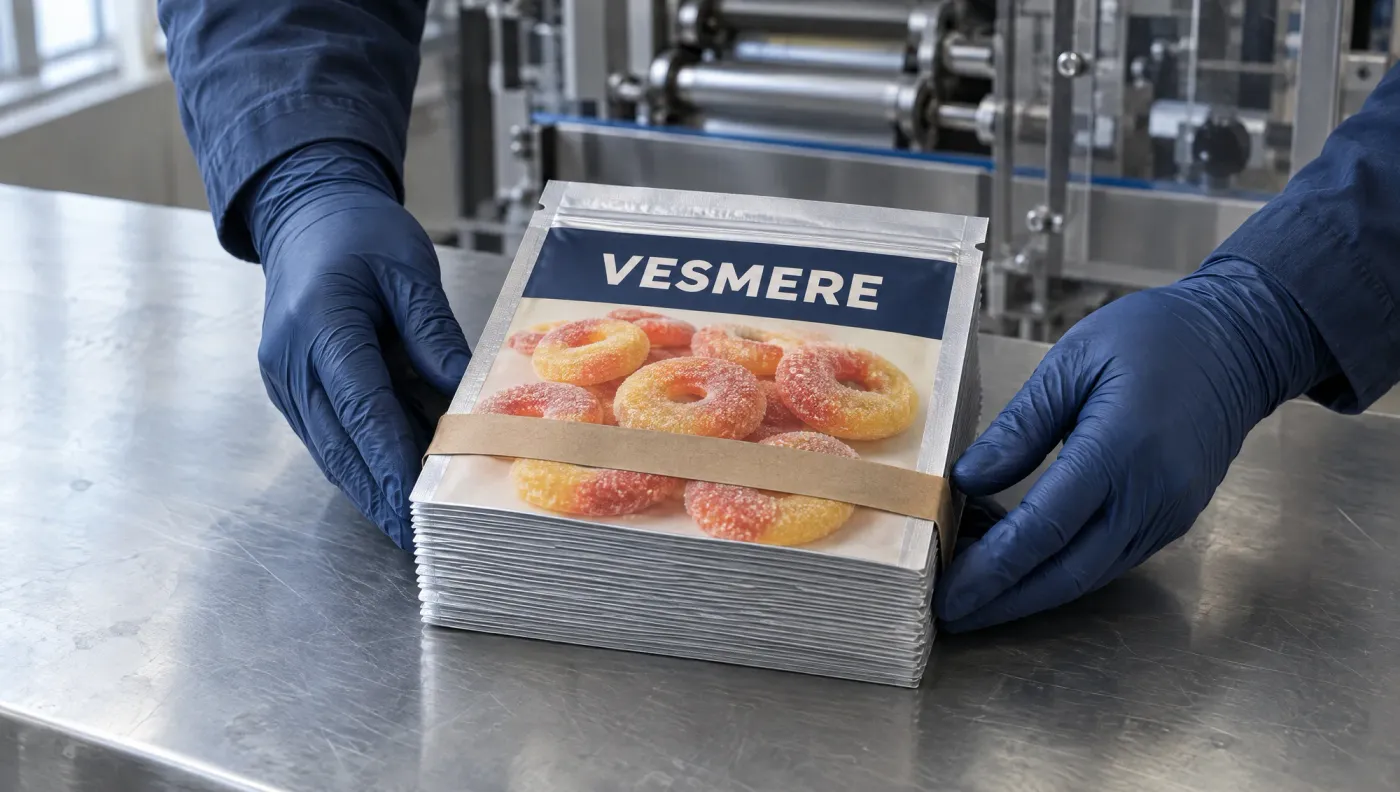Gloved hands squaring a banded stack of printed lay-flat pouches