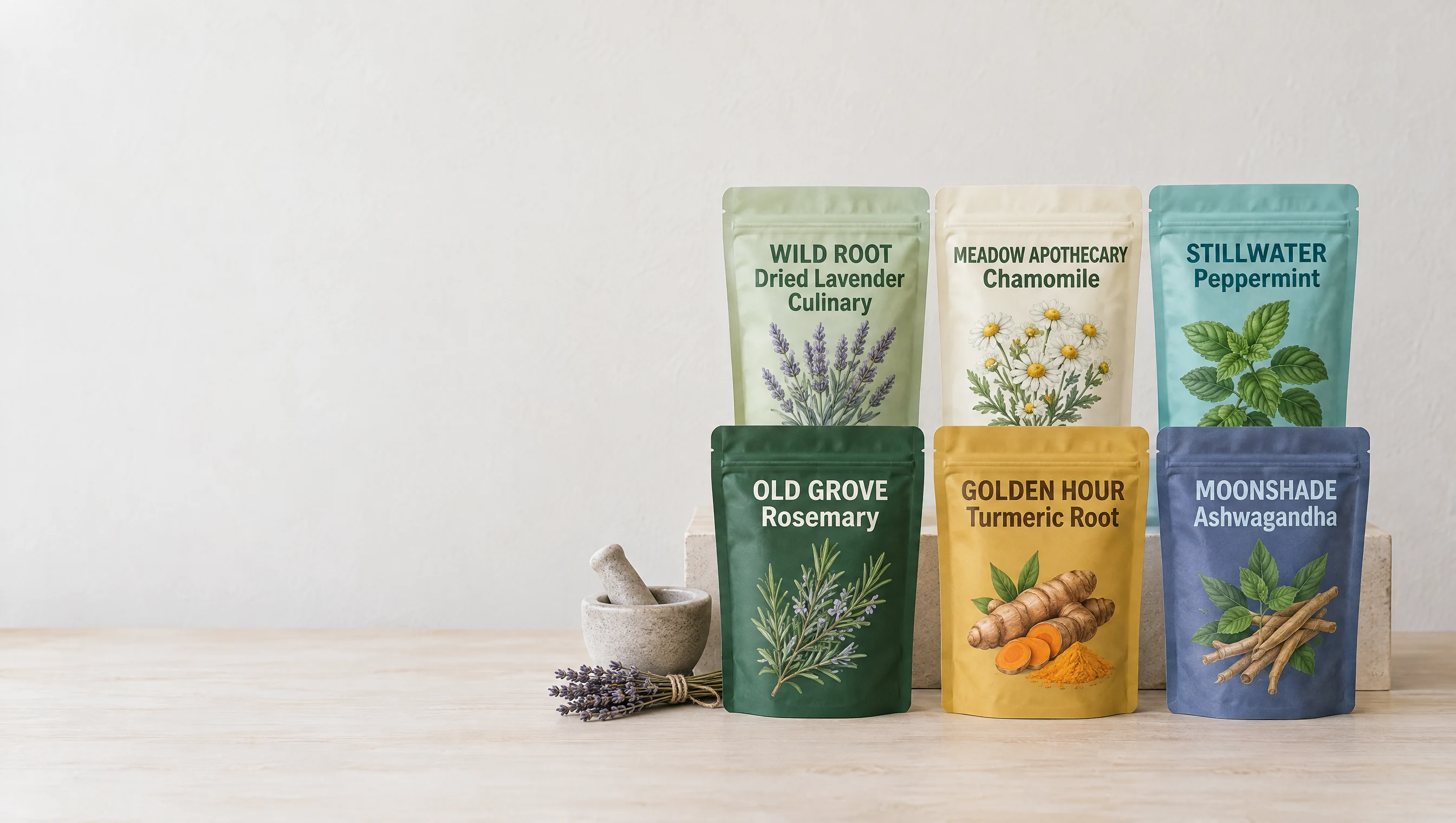 Custom printed herb pouches on an apothecary counter beside a mortar and pestle