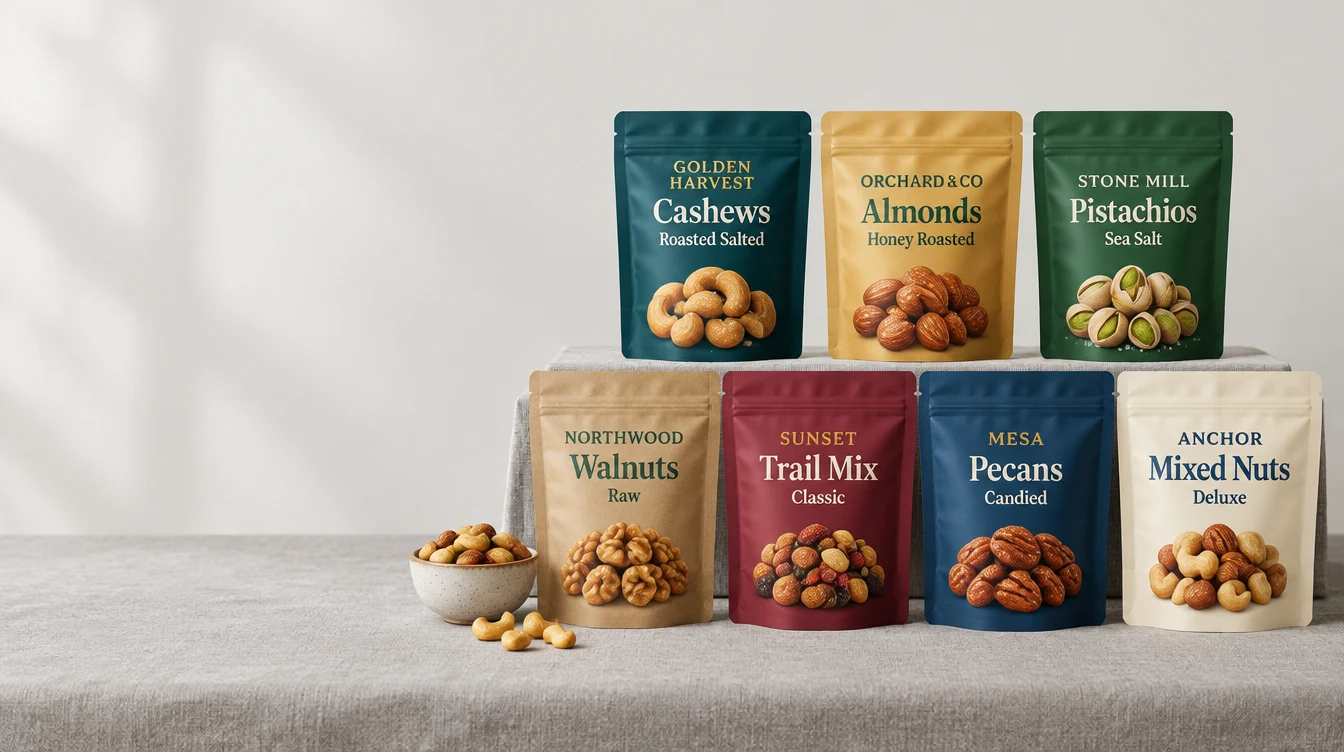 Custom printed nut pouches on a linen-covered table beside a bowl of mixed nuts