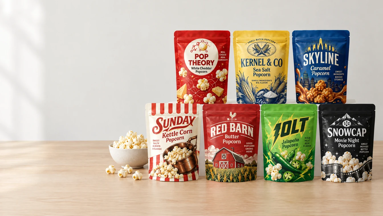 Custom printed popcorn pouches on a kitchen table beside a bowl of popcorn