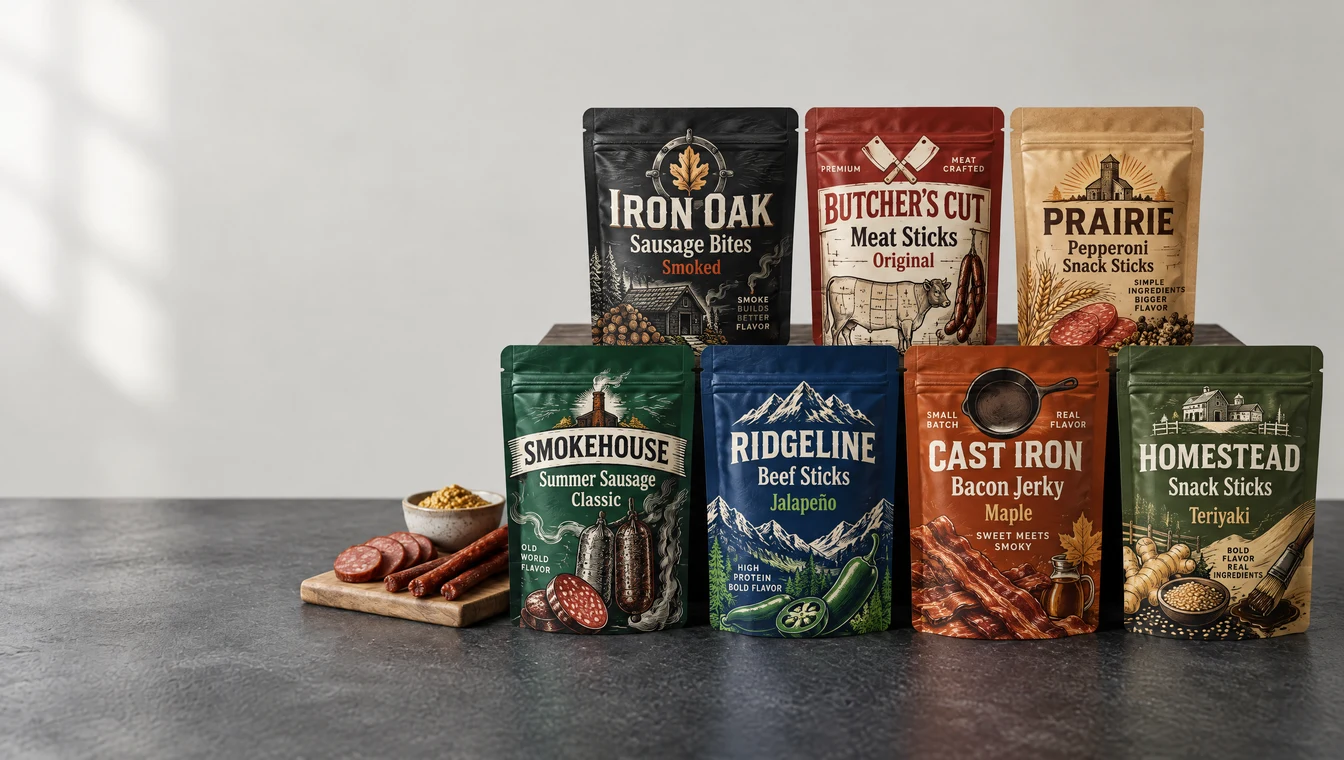 Custom printed meat-snack pouches on a slate counter beside a board of sliced sausage