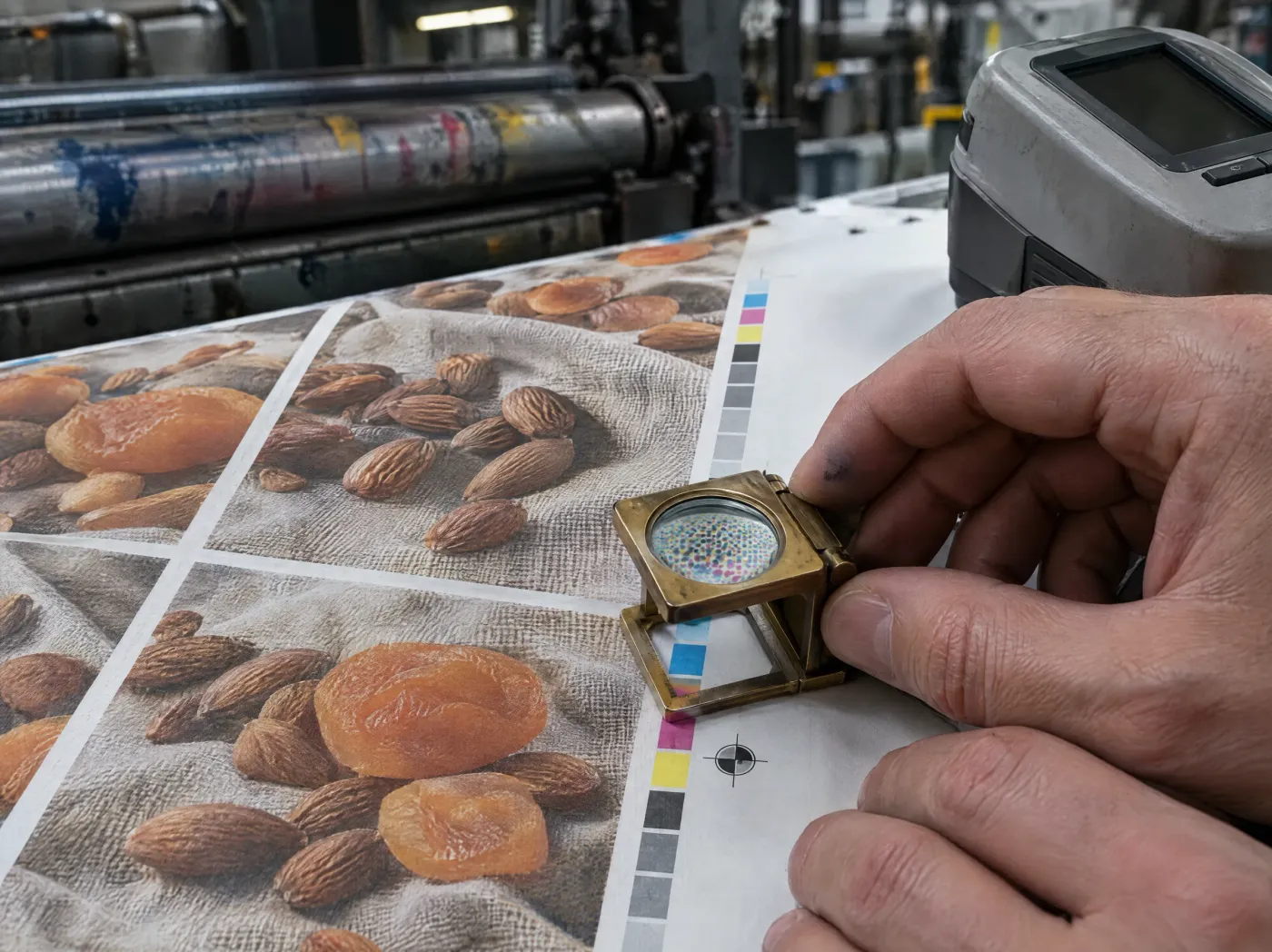 Hands setting a loupe on the colour bar of a press sheet, spectrophotometer beside it