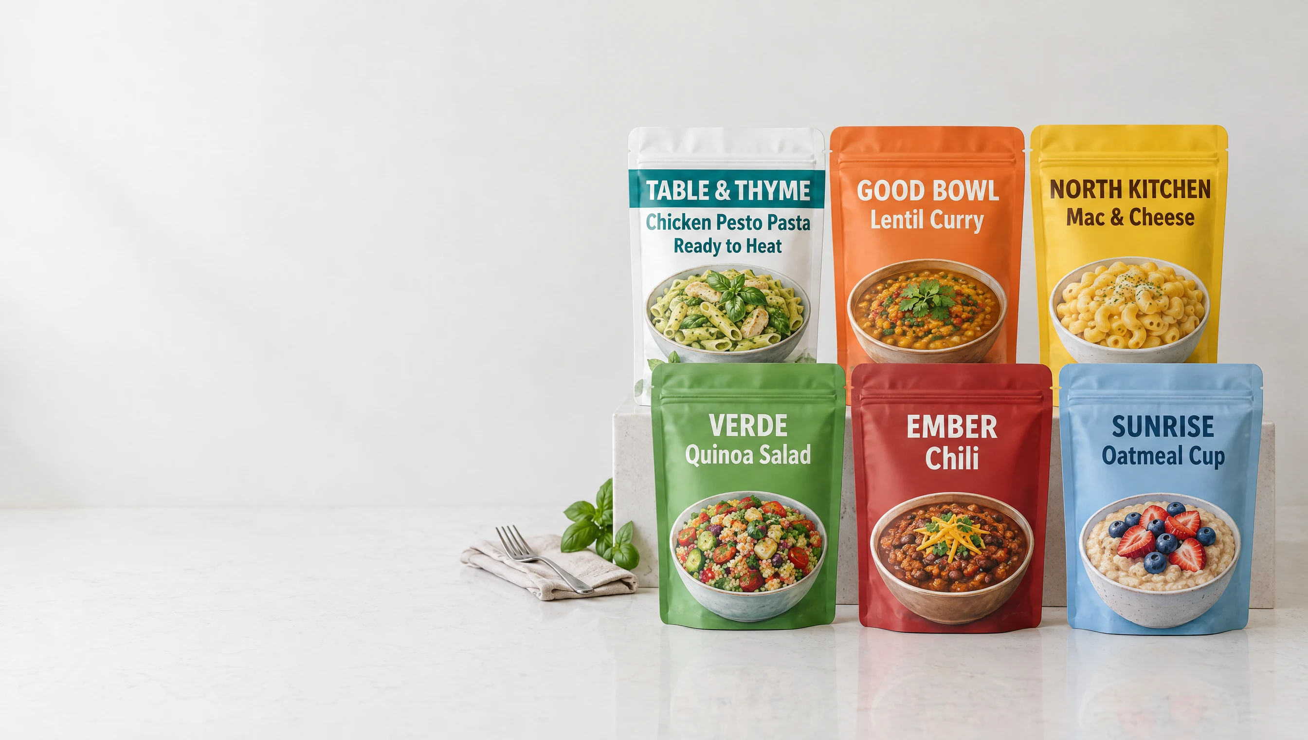 Custom printed ready-to-eat meal pouches on a white kitchen counter beside a fork and napkin