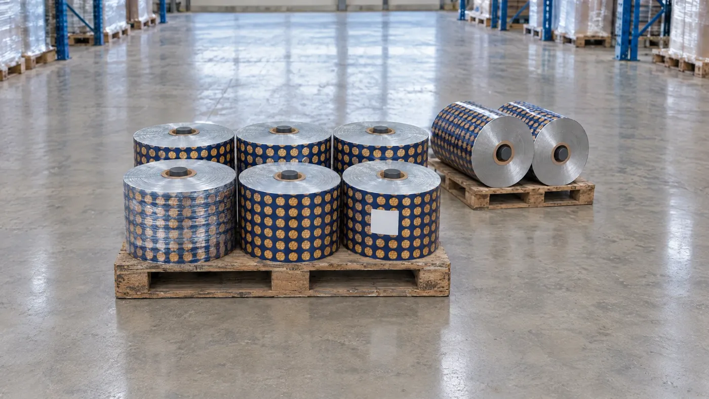 Rolls of printed metallized film on pallets in a warehouse