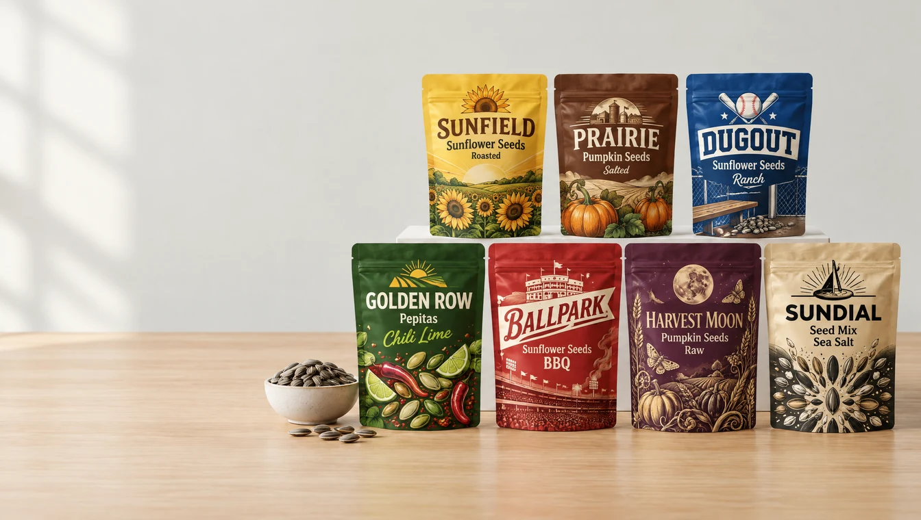 Custom printed seed pouches on a kitchen table beside a bowl of sunflower seeds