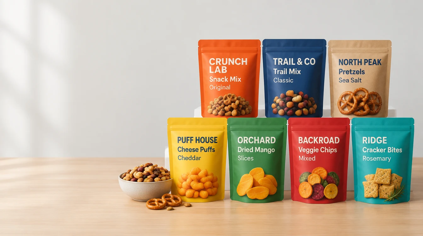 Custom printed snack pouches on a tabletop