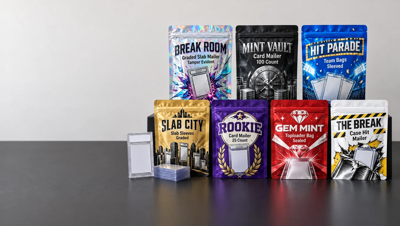 Custom printed sports card mailer pouches beside a graded slab and a stack of toploaders
