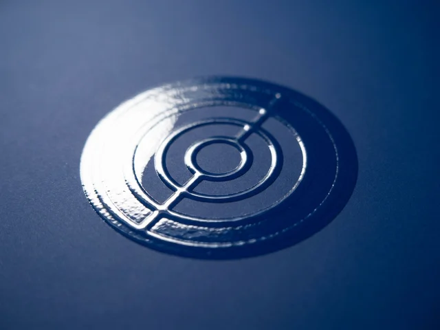 A glossy varnished emblem catching a bright highlight on an otherwise matte panel