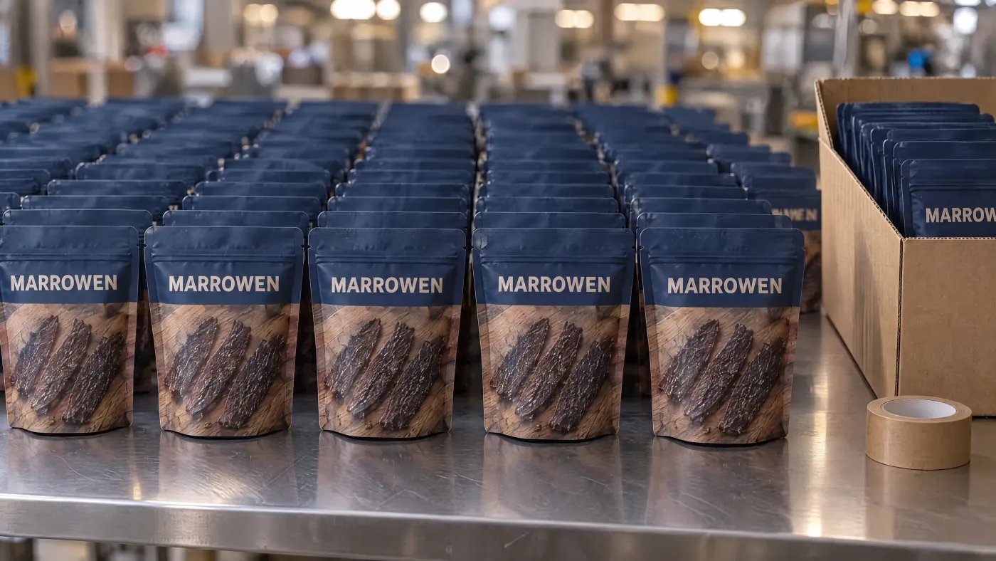 Rows of identical printed stand-up pouches on a stainless table beside a case being packed