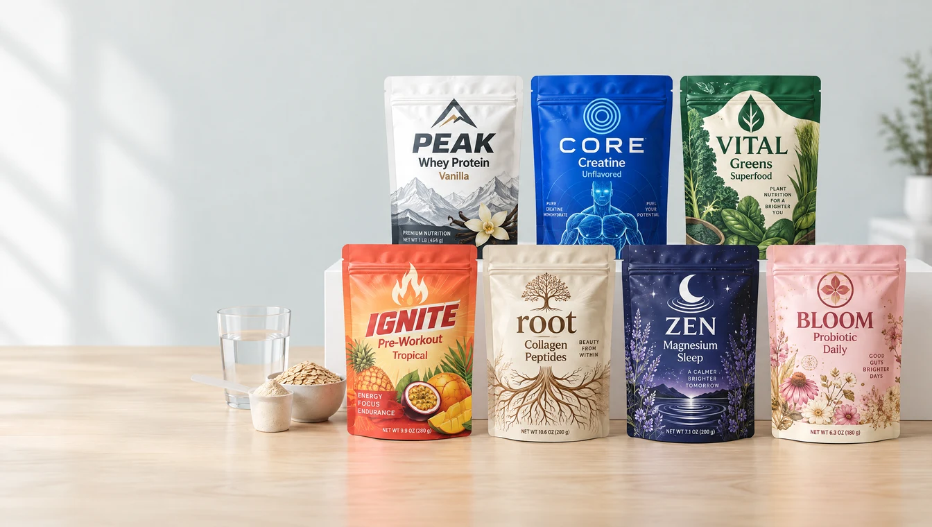 A cluster of custom printed supplement and protein pouches in a range of brand colors