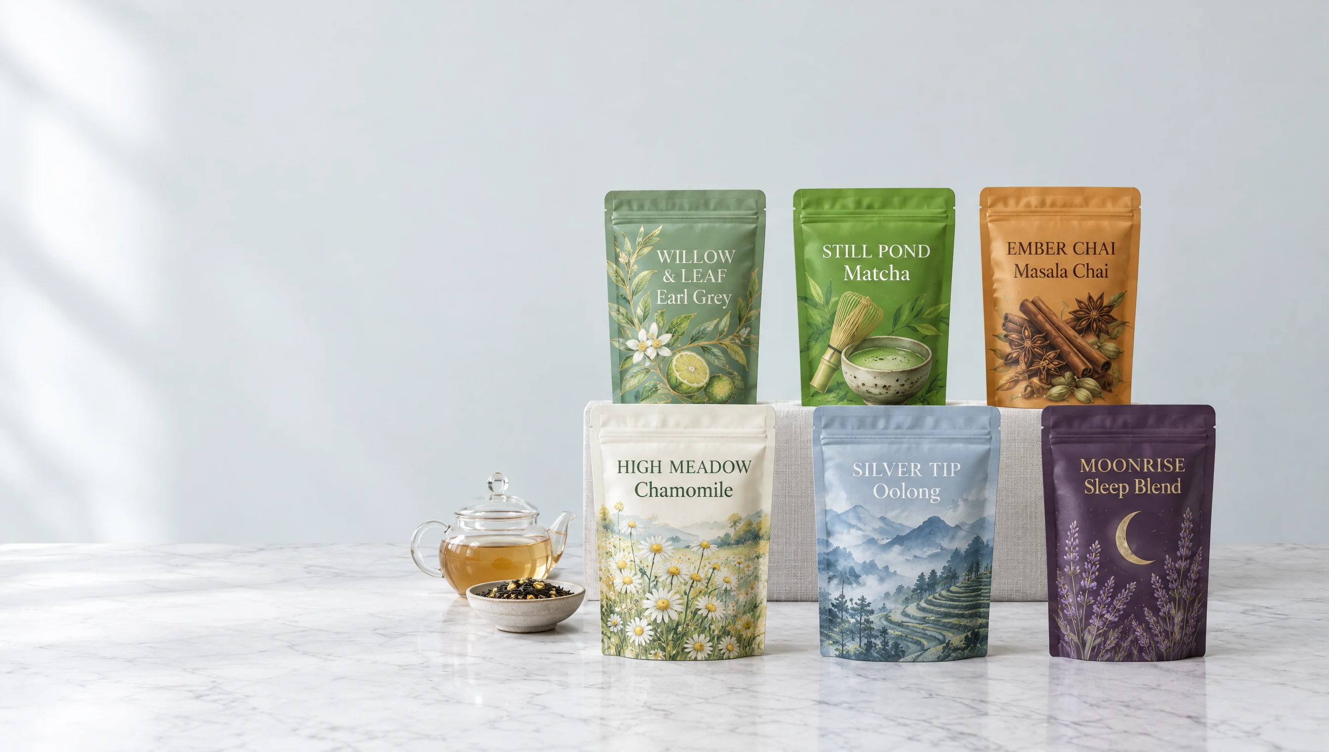 Custom printed loose leaf tea pouches on a tea-shop counter beside a bowl of leaves and a glass teapot