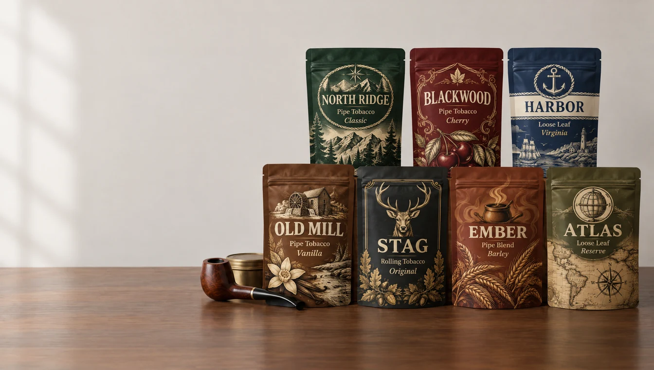 Custom printed opaque tobacco pouches on a walnut counter beside a briar pipe
