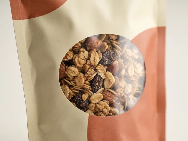 A clear oval window in a printed pouch showing the granola inside